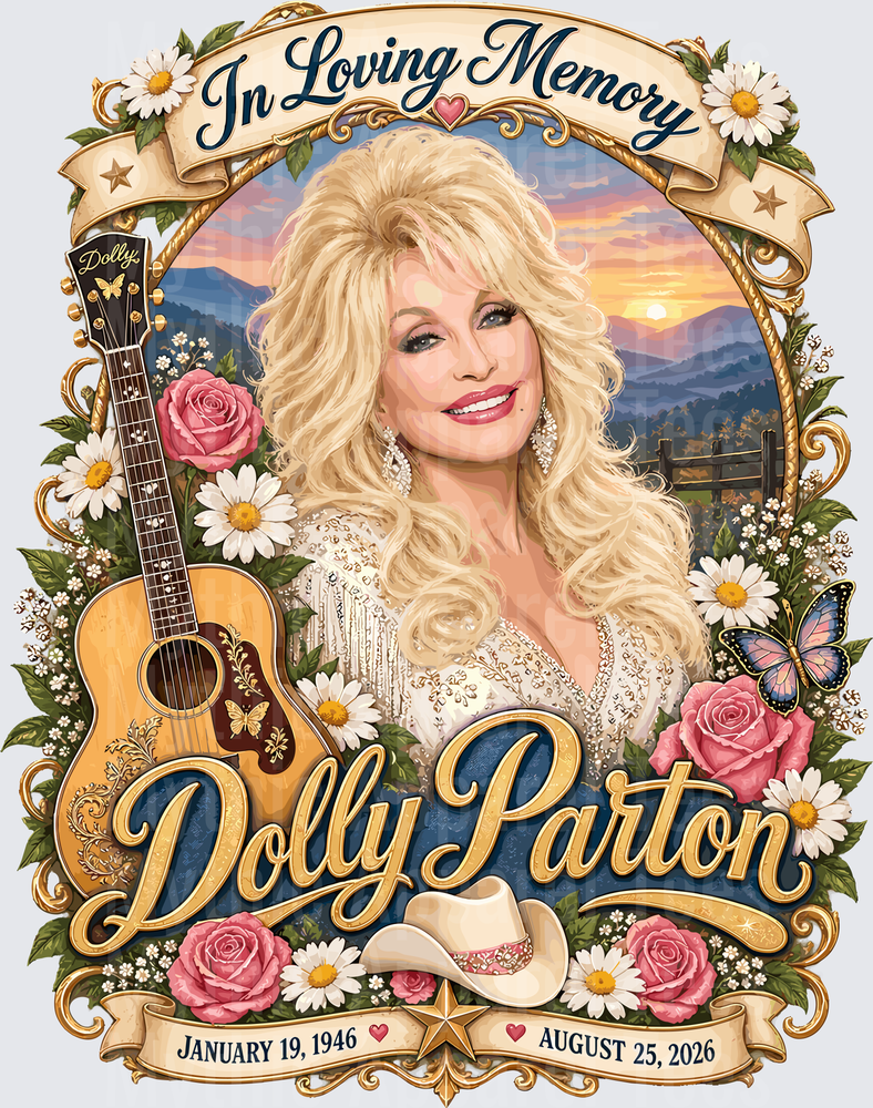 Dolly Parton In Loving Memory Tribute Floral Portrait with Guitar Roses Daisies and Cowboy Hat Memorial Design