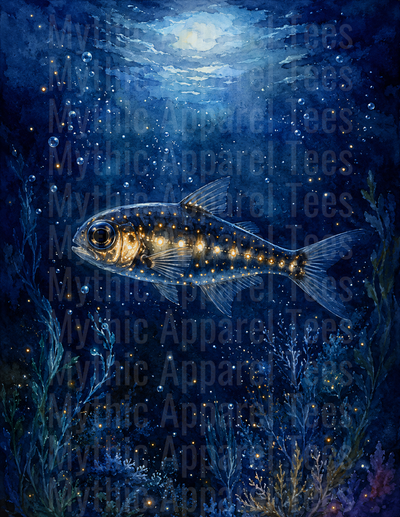 Ocean Animals Bioluminescent Deep Sea Fish Moonlit Watercolor
