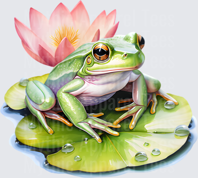 Watercolor Green Tree Frog Sitting on Lily Pad with Pink Lotus Flower and Water Droplets