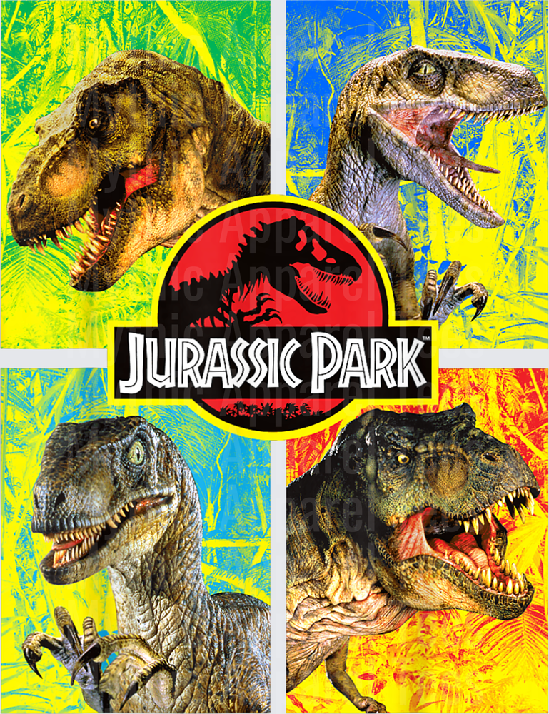 Jurassic Park Four Dinosaur Panel Collage T-Rex and Velociraptor Tropical Jungle Background with Classic Logo