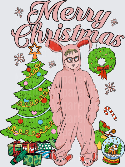 Ralphie Pink Bunny Suit A Christmas Story Merry Christmas Holiday Scene with Tree Gifts and Snow Globe