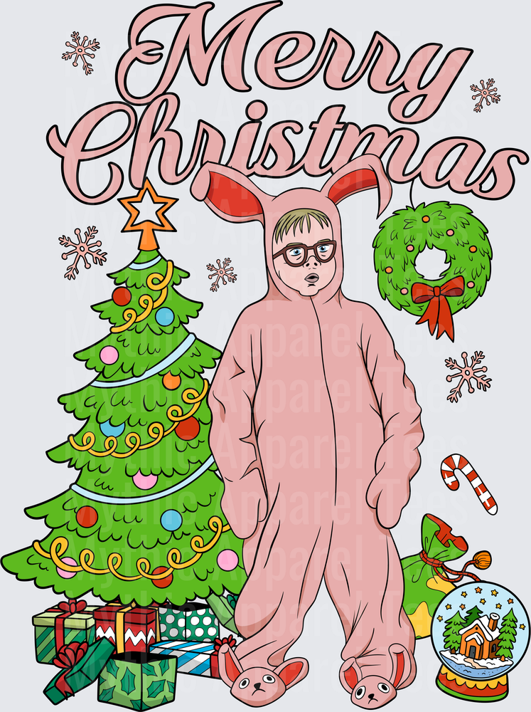 Ralphie Pink Bunny Suit A Christmas Story Merry Christmas Holiday Scene with Tree Gifts and Snow Globe