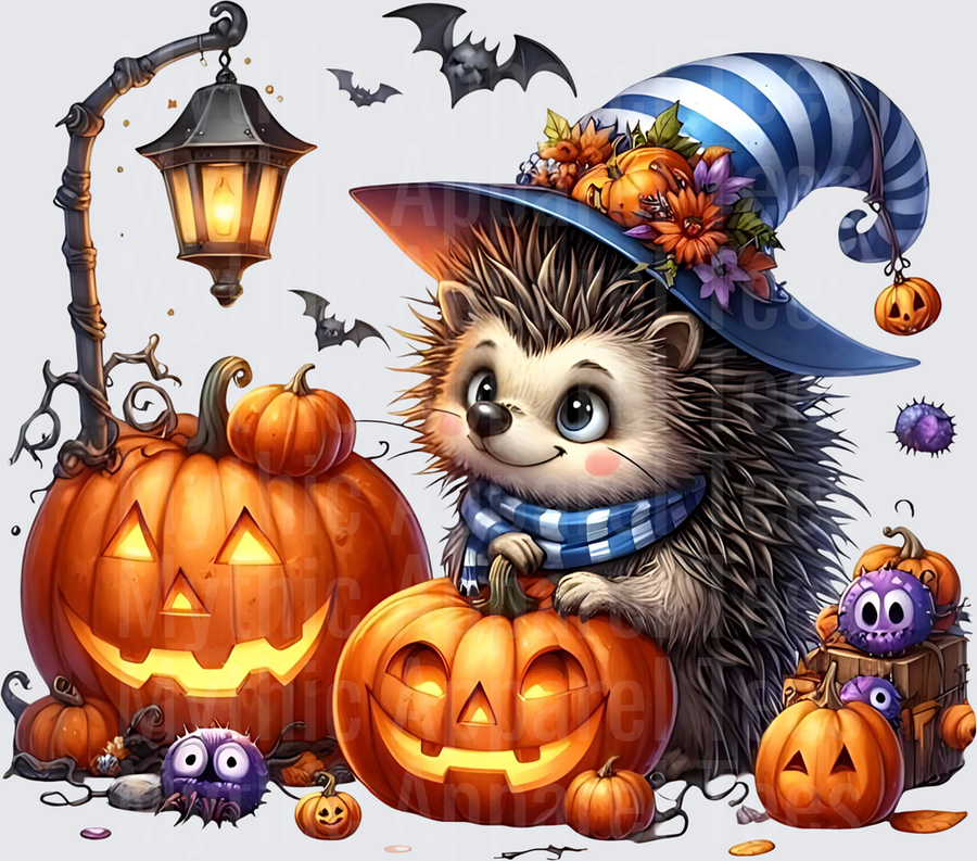 Cute Halloween Hedgehog Witch with Blue Striped Hat Floral Jack-O-Lanterns Bats and Spooky Lantern