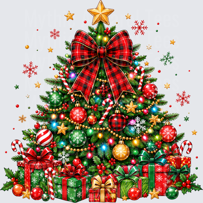 Festive Christmas Tree with Buffalo Plaid Bow Gold Star Ornaments Candy Canes and Wrapped Gifts