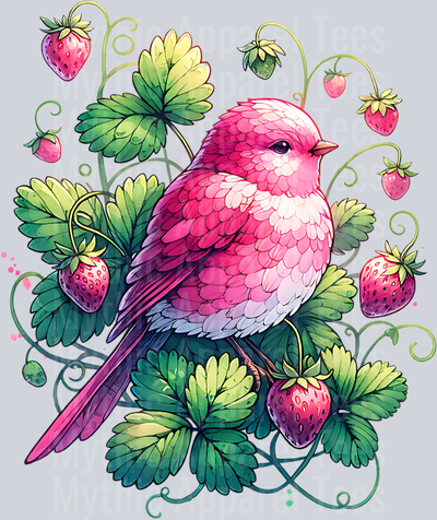 PINK BIRD WITH STRAWBERRIES CLIPART PNG