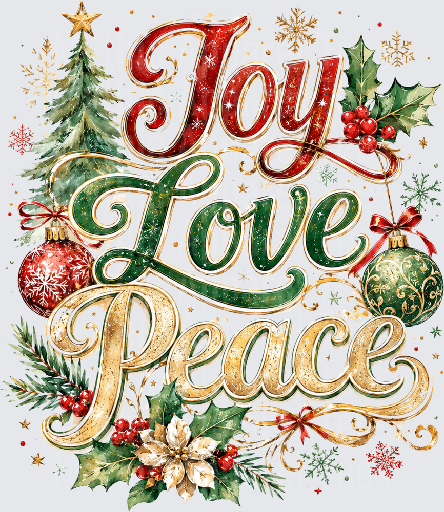 Joy Love Peace Christmas Watercolor Typography with Holly Ornaments and Poinsettia