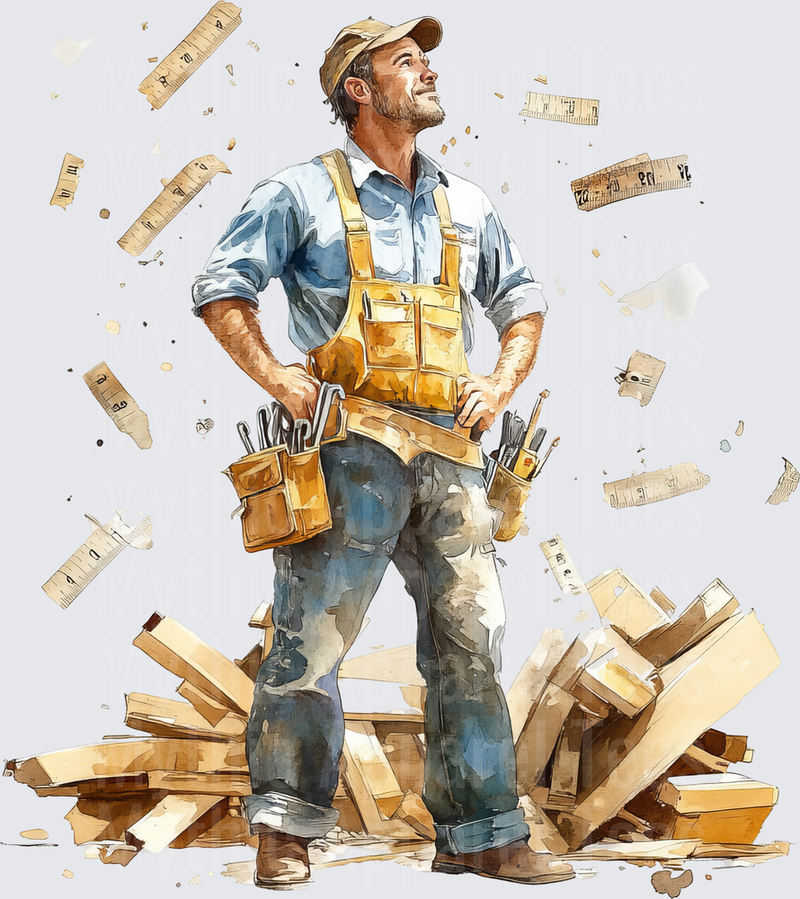 Watercolor Carpenter Standing Proud on Wood Scraps with Flying Rulers and Tool Belt