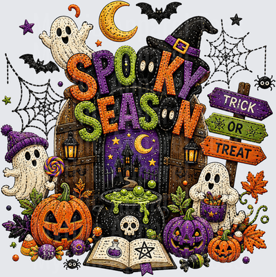 Halloween Spooky Season Trick or Treat Embroidery Style Ghost Pumpkin Bat Witch Hat Cauldron Spell Book Design