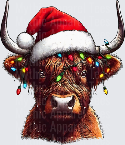 Highland Christmas Cow Santa Hat Colorful Lights Portrait