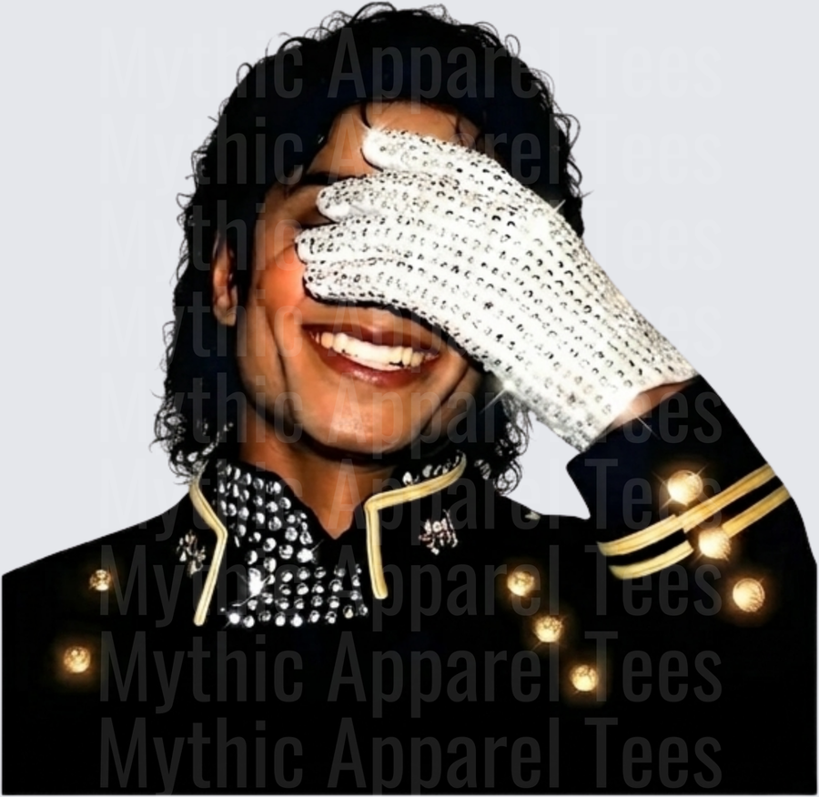 Michael Jackson Smiling with Iconic White Sequin Glove Covering Face Black Military Jacket