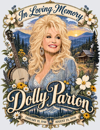 In Loving Memory Dolly Parton January 19 1946 August 25 2026 Floral Banjo Mountain Cabin Tribute Memorial Design