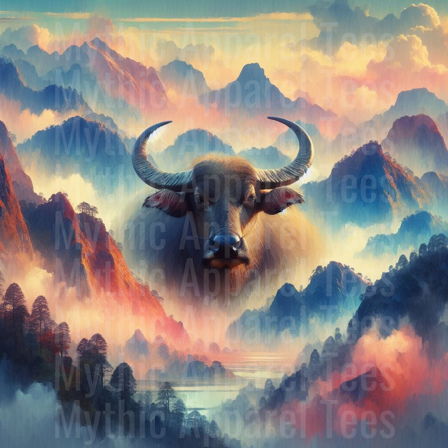 Majestic Water Buffalo Portrait Emerging From Misty Mountain Clouds Asian Landscape Surreal Fantasy Art
