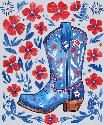 Cowgirl Boots and flowers Red White and Blue DTF Western Patriotic Transfers
