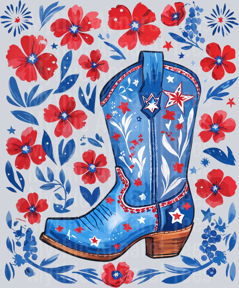 Cowgirl Boots and flowers Red White and Blue DTF Western Patriotic Transfers