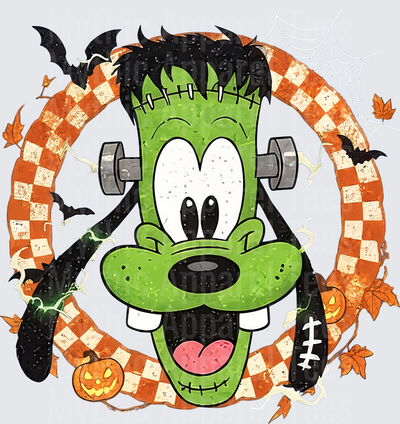 Goofy Frankenstein Monster Halloween Wreath with Bats Pumpkins and Spider Web