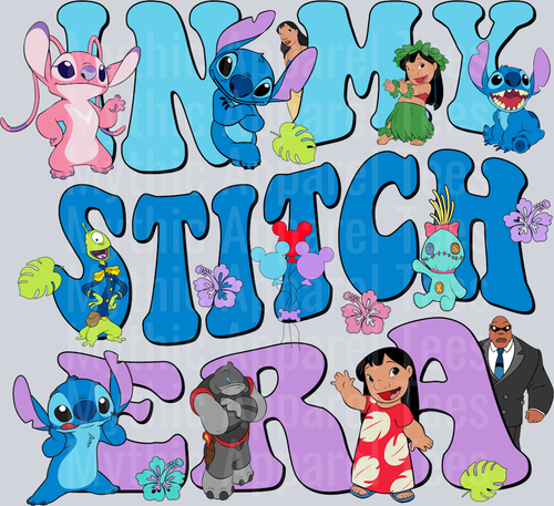 In my stitch Era Characters and blue purple words DTF Lilo and Stitch Transfers