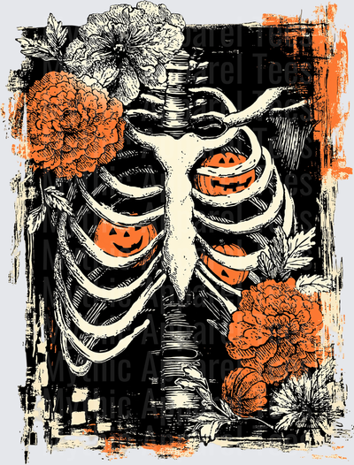Distressed Halloween Skeleton Ribcage Filled With Jack-O-Lanterns and Marigold Flowers