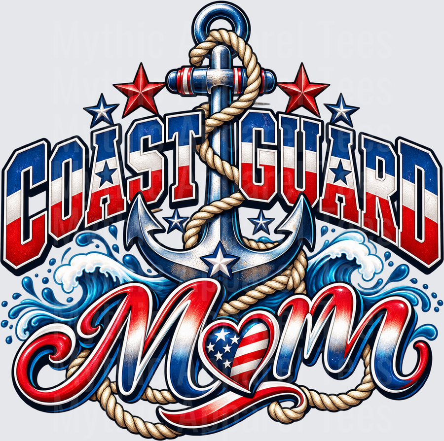 Patriotic Coast Guard Mom Anchor Rope Stars and Waves American Flag Heart Script Design