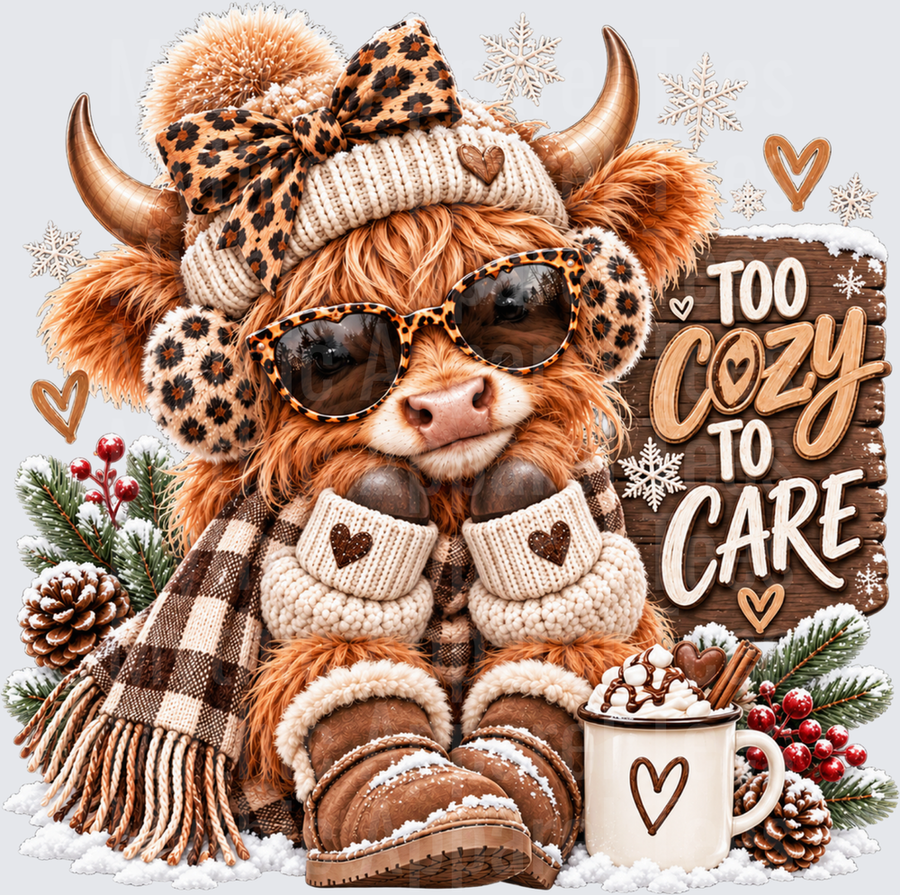 Too Cozy To Care Highland Cow Winter Leopard Print Beanie Mittens Hot Cocoa Christmas