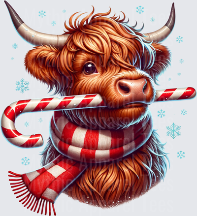 Highland Christmas Cow with Candy Cane and Red Plaid Scarf