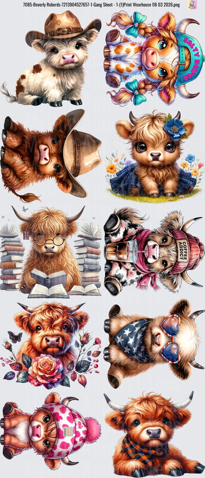 Gang Sheet FULL SIZE DESIGNS Adorable Highland Cow Collection with Cowboy Hats and Flowers