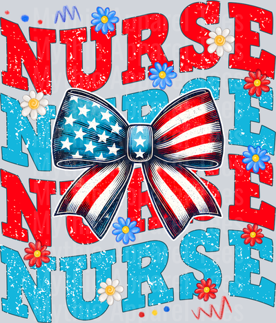 American Nurse Bow USA American Flag Red White and Blue Patriotic DTF 4th of July Transfers