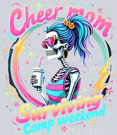 Cheer mom surviving comp weekend multi color swirl skull girl DTF Coffee Transfers