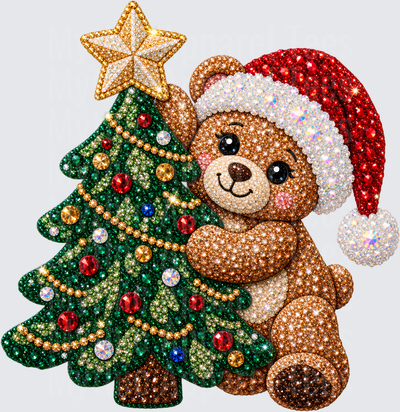 Sparkling Diamond Art Teddy Bear in Santa Hat with Decorated Christmas Tree and Gold Star Topper