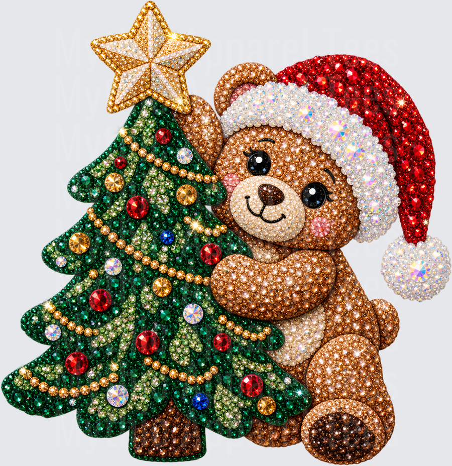 Sparkling Diamond Art Teddy Bear in Santa Hat with Decorated Christmas Tree and Gold Star Topper