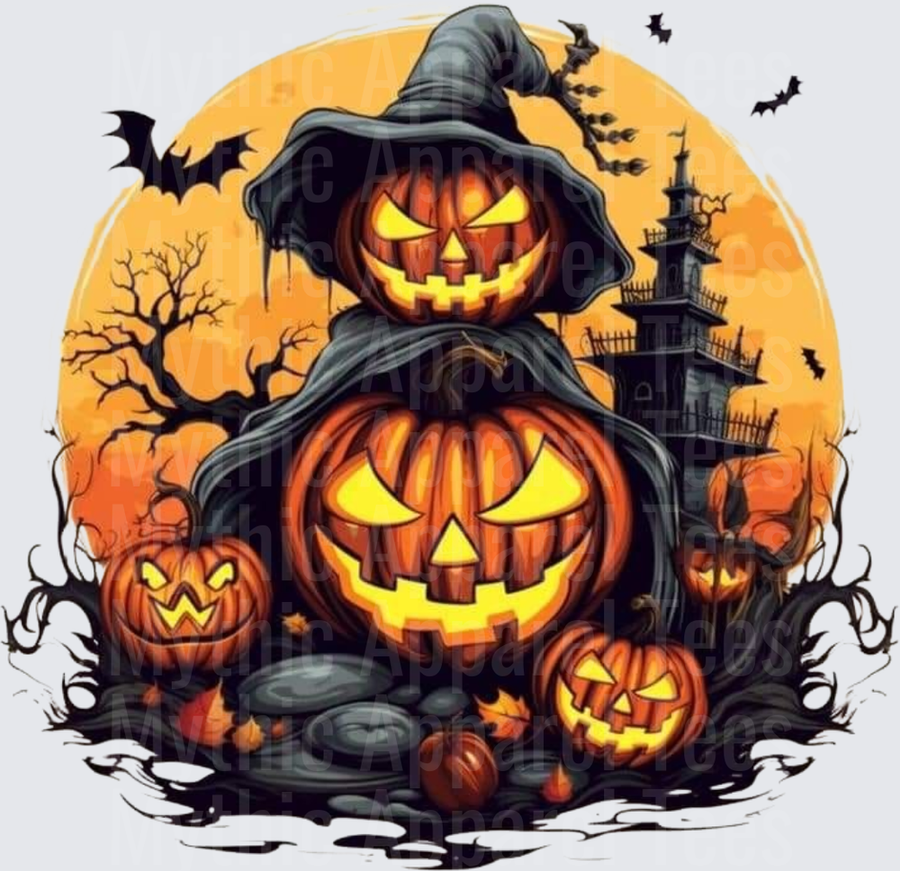 Halloween Stacked Jack-O-Lanterns Witch Hat Haunted House Moon