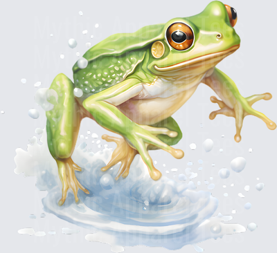 Realistic Green Tree Frog Leaping Through Water Splash with Amber Eyes