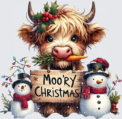 Highland Christmas Cow Moo'ry Christmas Snowmen Sign Holly