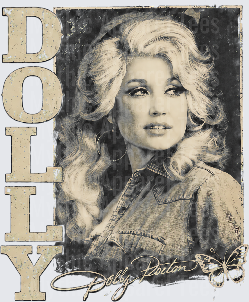 Dolly Parton Vintage Sepia Portrait with Bold Distressed Letter Stacked Text and Butterfly Signature Graphic