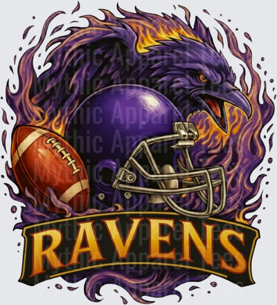 Fierce Purple Ravens Mascot with Flames Football Helmet and Ball Ravens Banner Football Fan Design