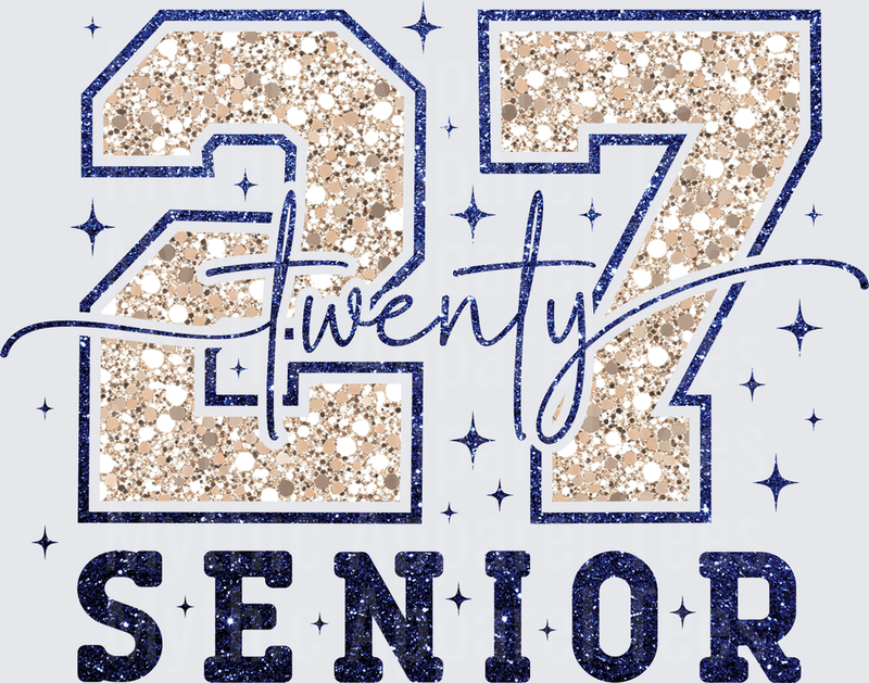 Class of 2027 Twenty Seven Senior Glitter Varsity Letter Navy Blue and Gold Sparkle Design