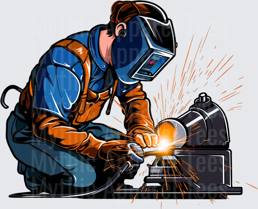 Welder Kneeling with Auto-Darkening Helmet Throwing Sparks in Bold Illustrative Style