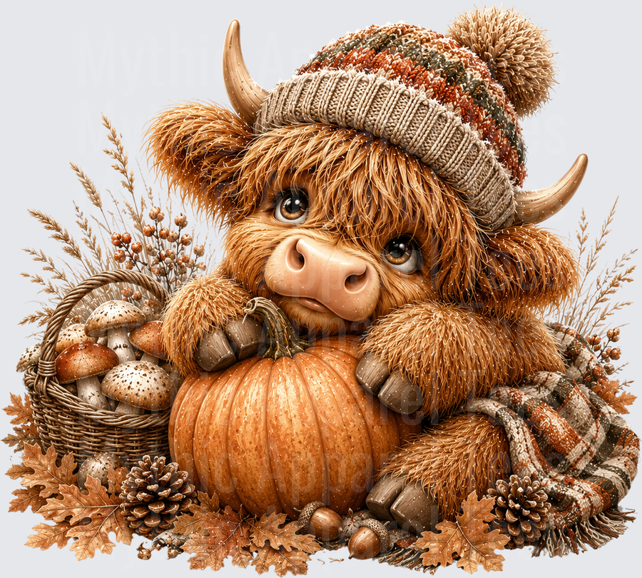 Cozy Autumn Highland Cow with Pom Pom Beanie Hugging Pumpkin Surrounded by Fall Mushrooms Acorns Pine Cones and Oak Leaves