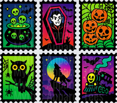 Halloween Retro Postage Stamp Set with Witch Cauldron Skulls Vampire Coffin Jack-O-Lanterns Spooky Owl Werewolf Moon and Ghost Train Neon Colors