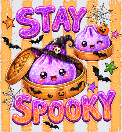 Dumplings Stay Spooky Kawaii Halloween Cute Purple Dim Sum Witch Hat Pumpkin Bats Spider Web Glitter Design