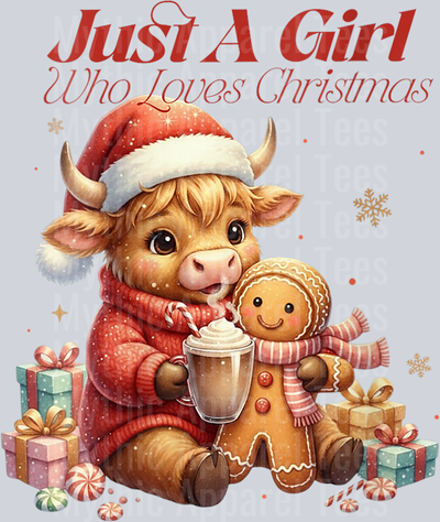 Womens Just a Girl who Loves Christmas Highland Cow Santa Hot Cocoa V-Neck T-Shirt