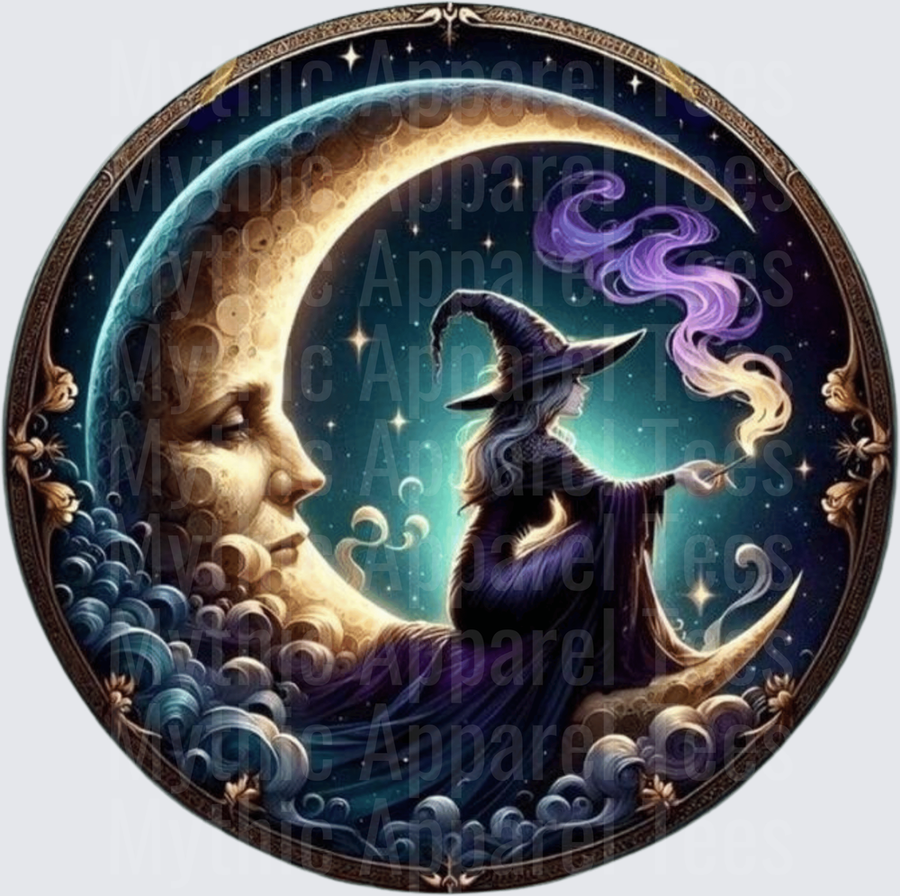 Mystical Witch Sitting on Crescent Moon Face Casting Purple Magic Spell in Starry Night Sky Circular Design