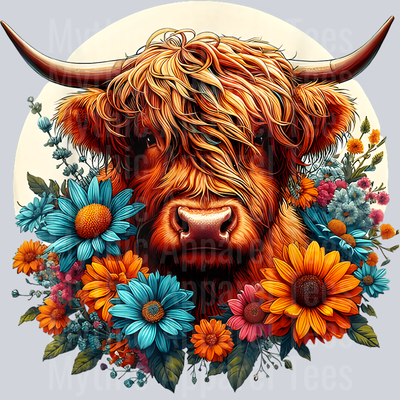 Scottish Cute Highland Cow Cattle Hairy Cow Flowers Colorful T-Shirt