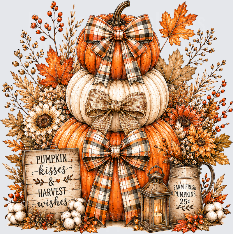 Pumpkin Kisses and Harvest Wishes Stacked Pumpkins with Buffalo Plaid Bows Burlap Ribbon Sunflowers Fall Leaves Lantern Farm Fresh Sign Autumn Farmhouse