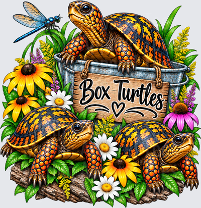 Turtles Box Turtles Galvanized Tub Garden Scene with Wildflowers and Blue Dragonfly