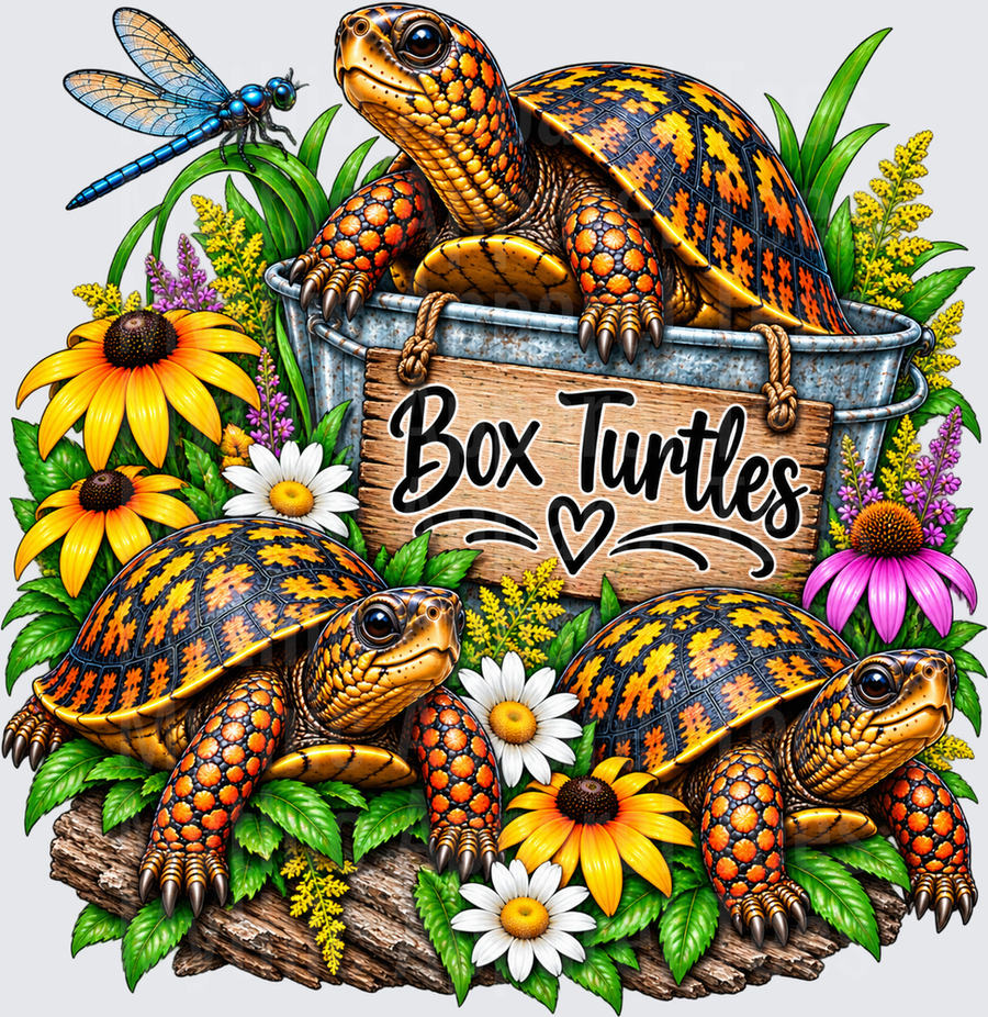 Turtles Box Turtles Galvanized Tub Garden Scene with Wildflowers and Blue Dragonfly
