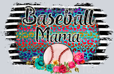 baseball mama stripe glitter style with flowers DTF Baseball Transfers