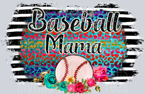 baseball mama stripe glitter style with flowers DTF Baseball Transfers