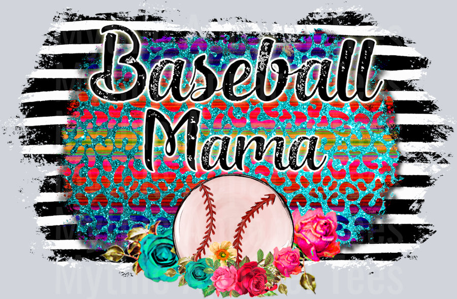 baseball mama stripe glitter style with flowers DTF Baseball Transfers