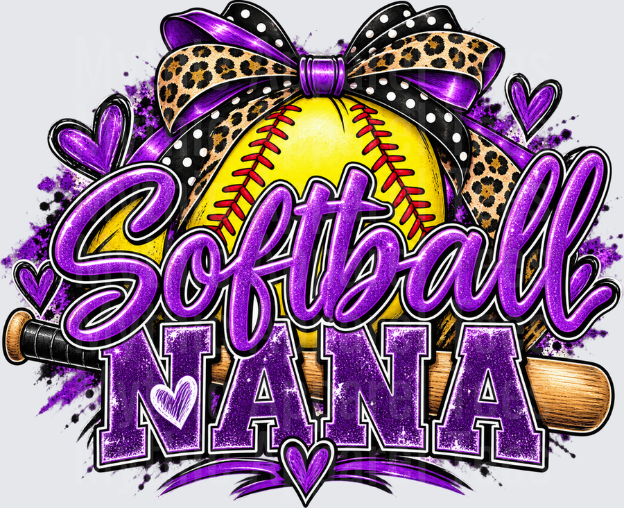 Softball Nana Purple Glitter Script with Leopard Print Bow Yellow Softball Crossed Bats and Heart Accents