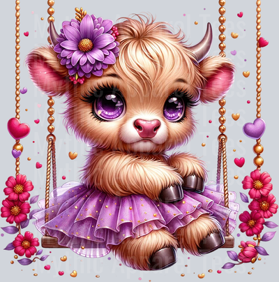 Cute Highland Cow Baby Swing purple DTF Precious Highland Cow Transfers